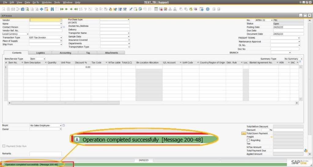 A/R Invoice to confirm successful