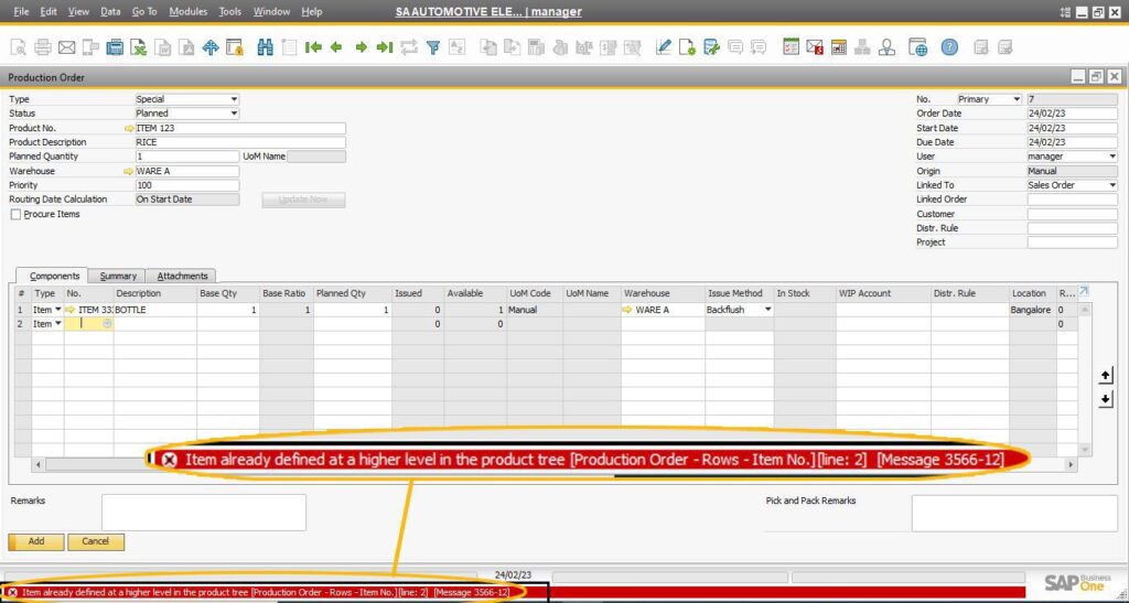 Item already defined at a higher level in the Product Tree