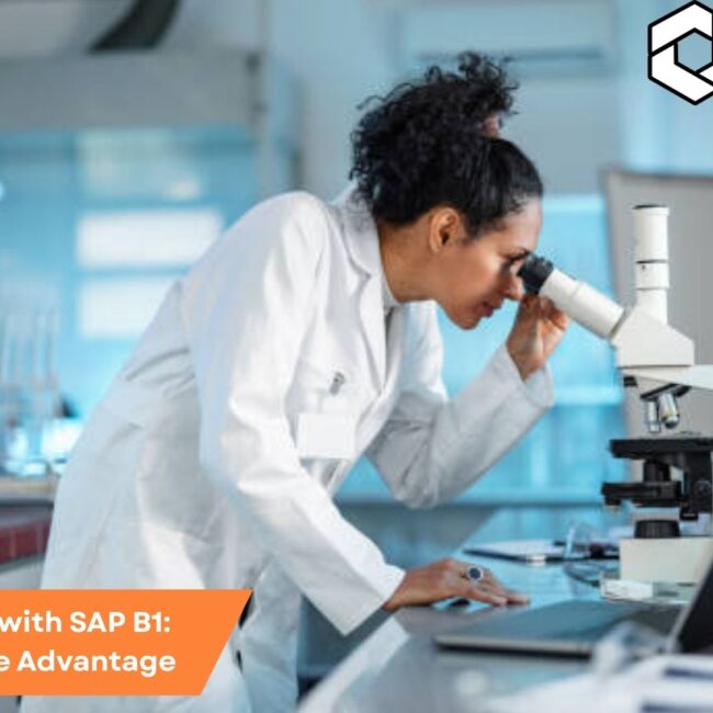 Pharmaceutical professionals analyzing AI-driven SAP B1 dashboard for smarter operations and competitive advantage.