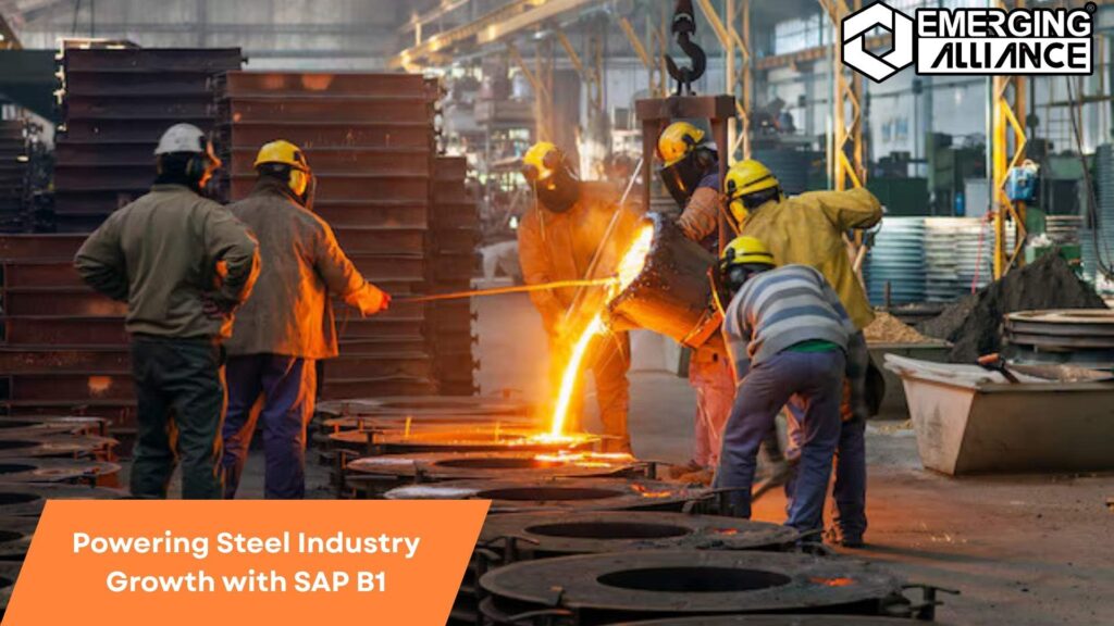 SAP B1 dashboard displaying real-time operations, inventory, and production data in a modern steel manufacturing facility.