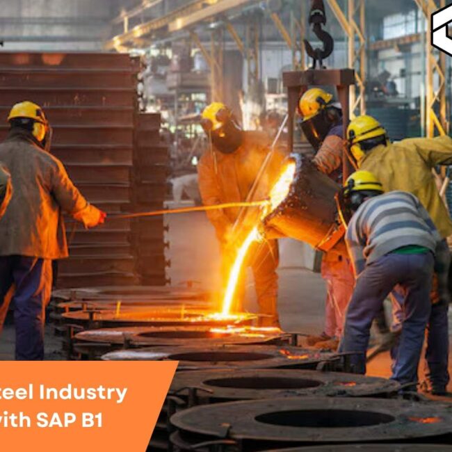 SAP B1 dashboard displaying real-time operations, inventory, and production data in a modern steel manufacturing facility.