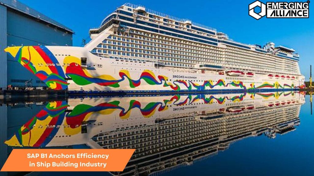 Engineers using SAP B1 software in a shipyard to streamline ship building processes and improve operational efficiency.