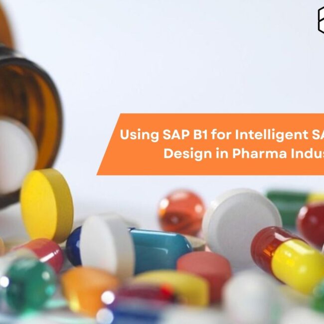 Pharma industry professionals using SAP B1 dashboard for intelligent ERP system design and compliance management.