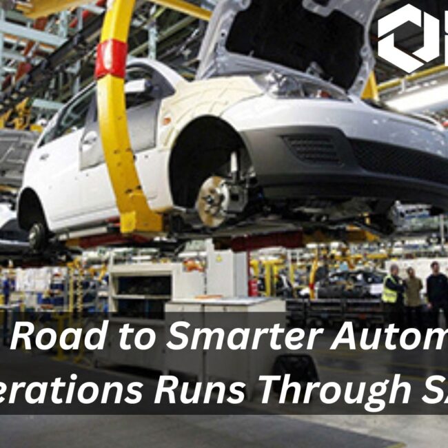 Promotional image with automotive assembly line background and the text 'The Road to Smarter Automotive Operations Runs Through SAP B1', showcasing ERP solutions for the automotive industry.