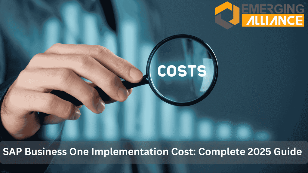 Business team analyzing SAP Business One implementation cost on a digital dashboard for ERP planning in 2025