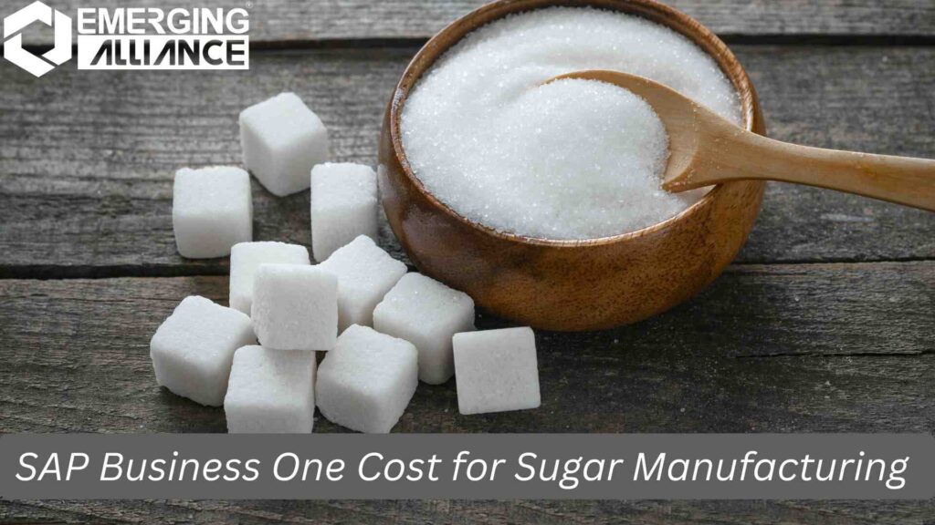 SAP Business One dashboard for sugar manufacturing showing cost insights and ERP process overview.