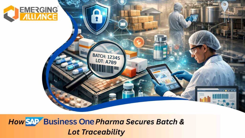 SAP Business One Pharma dashboard showing batch traceability and inventory visibility for pharmaceutical manufacturing.