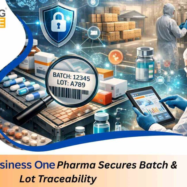 SAP Business One Pharma dashboard showing batch traceability and inventory visibility for pharmaceutical manufacturing.