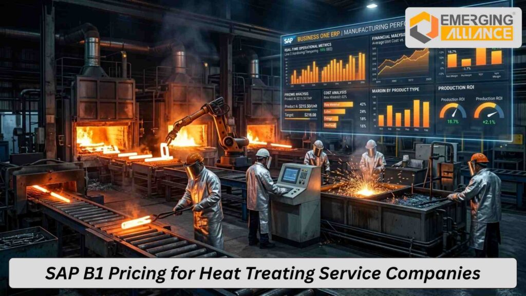 SAP B1 ERP interface showing pricing and modules for heat treating service companies