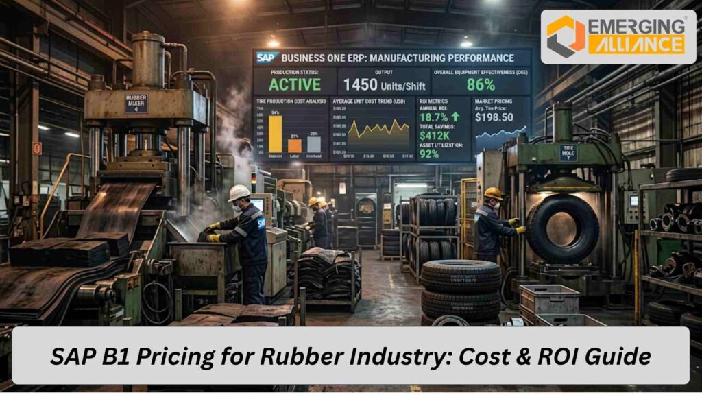 SAP Business One pricing for rubber industry showing ERP cost, modules, and ROI benefits