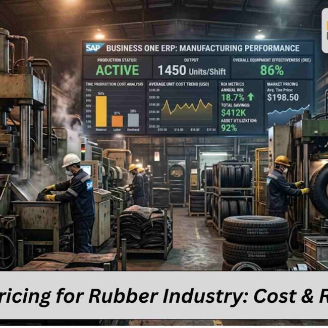 SAP Business One pricing for rubber industry showing ERP cost, modules, and ROI benefits
