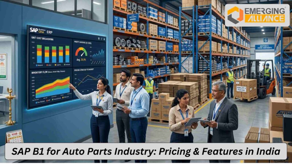 SAP B1 ERP dashboard showing inventory, sales, and pricing data for auto spare parts industry in India