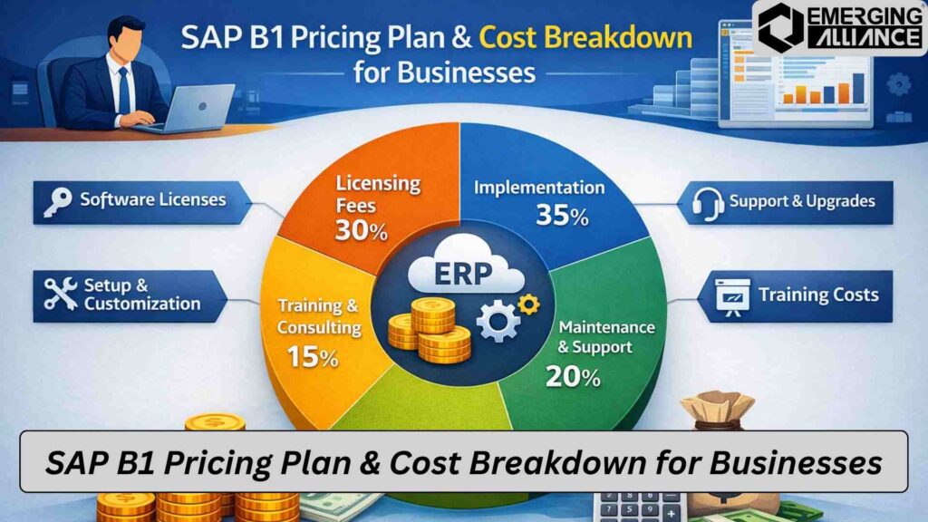 SAP Business One Pricing chart showing license types, subscription vs perpetual cost, and implementation fees