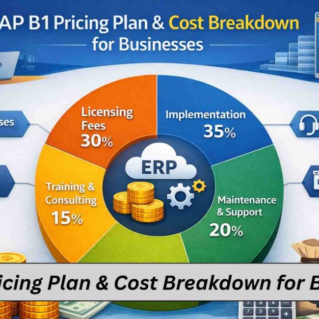 SAP Business One Pricing chart showing license types, subscription vs perpetual cost, and implementation fees
