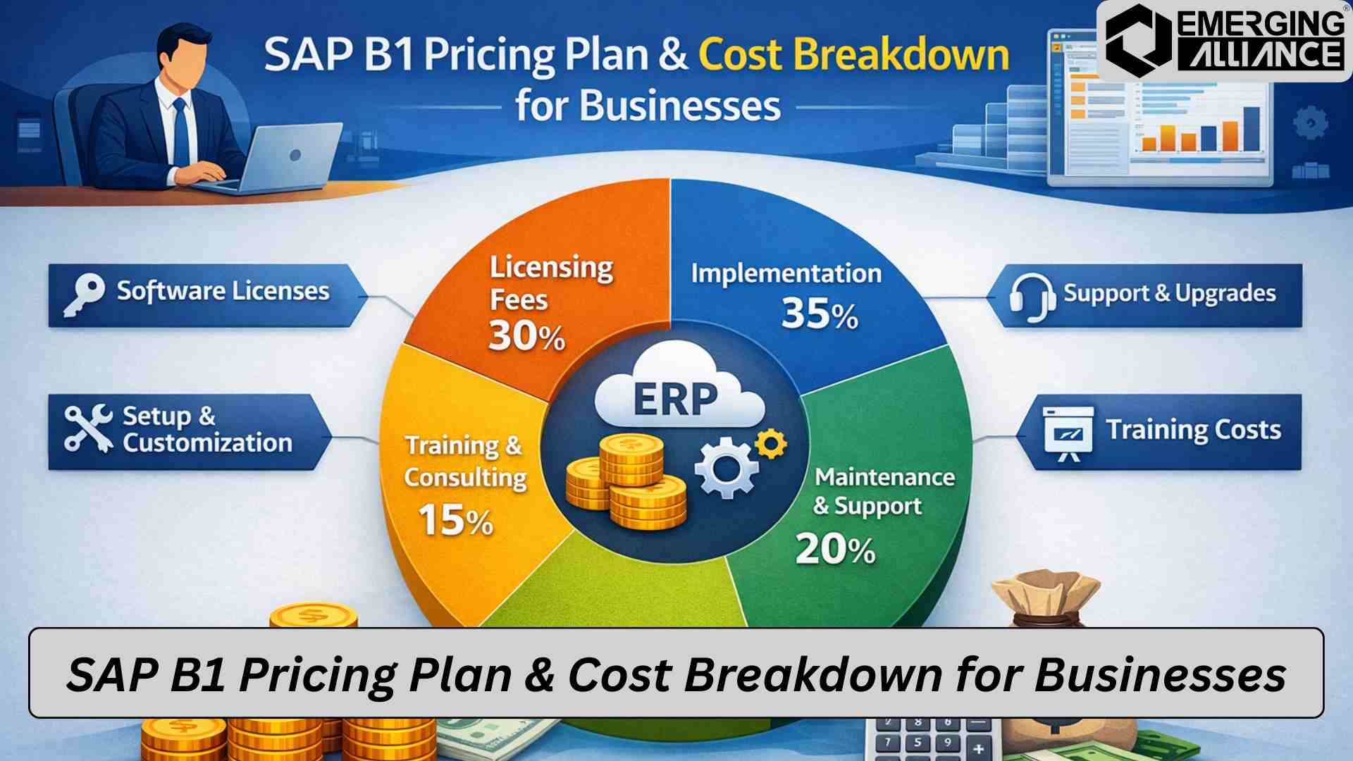 SAP Business One Pricing chart showing license types, subscription vs perpetual cost, and implementation fees