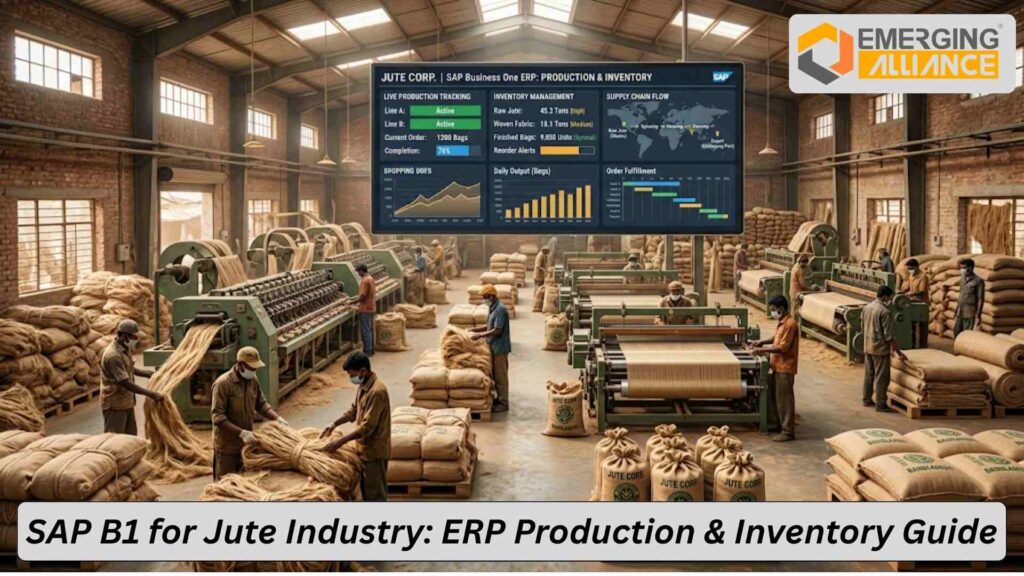 ERP software dashboard showing SAP B1 for Jute Industry managing production and inventory processes