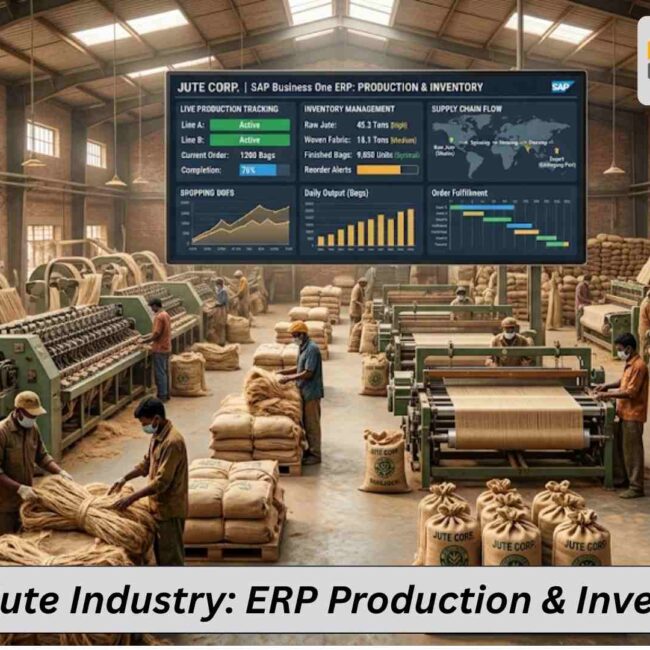 ERP software dashboard showing SAP B1 for Jute Industry managing production and inventory processes