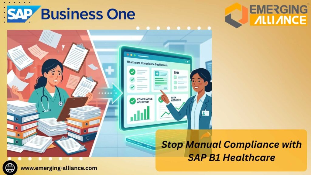 SAP B1 Healthcare dashboard showing compliance tracking, audit trails, and real-time analytics for hospitals