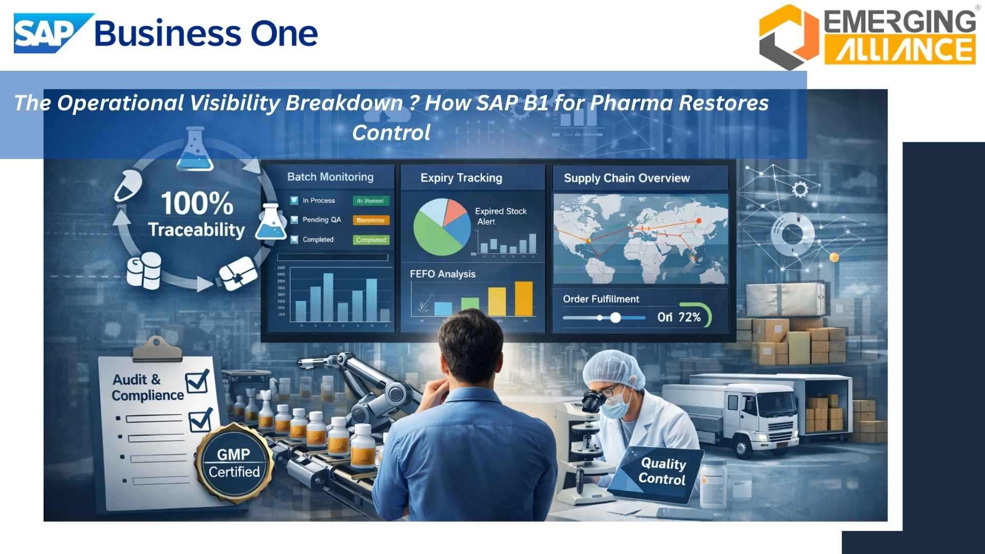 SAP Business One Pharma dashboard showing batch expiry tracking and FEFO inventory management