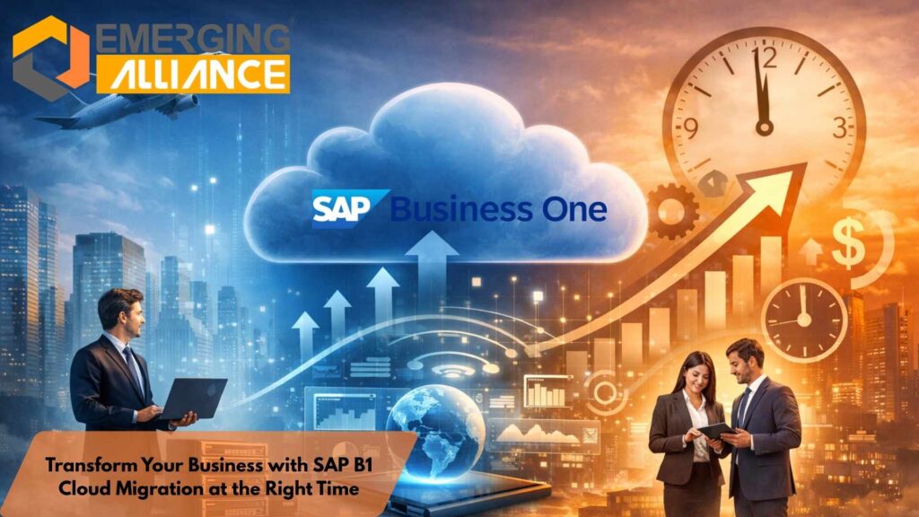 SAP Business One cloud migration showing integration, scalability, and real-time dashboard