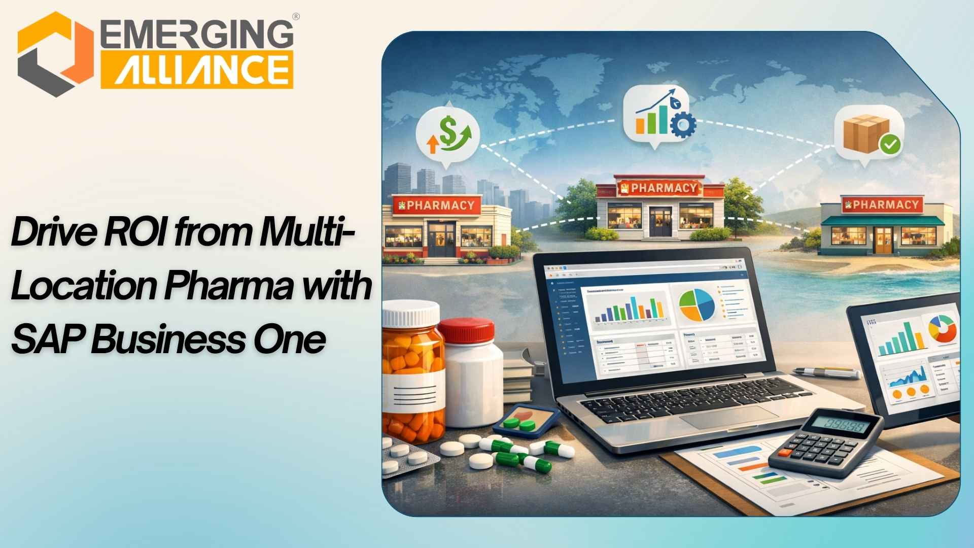 SAP Business One For Pharma dashboard showing real-time visibility across multiple plants, warehouses, and distribution centers