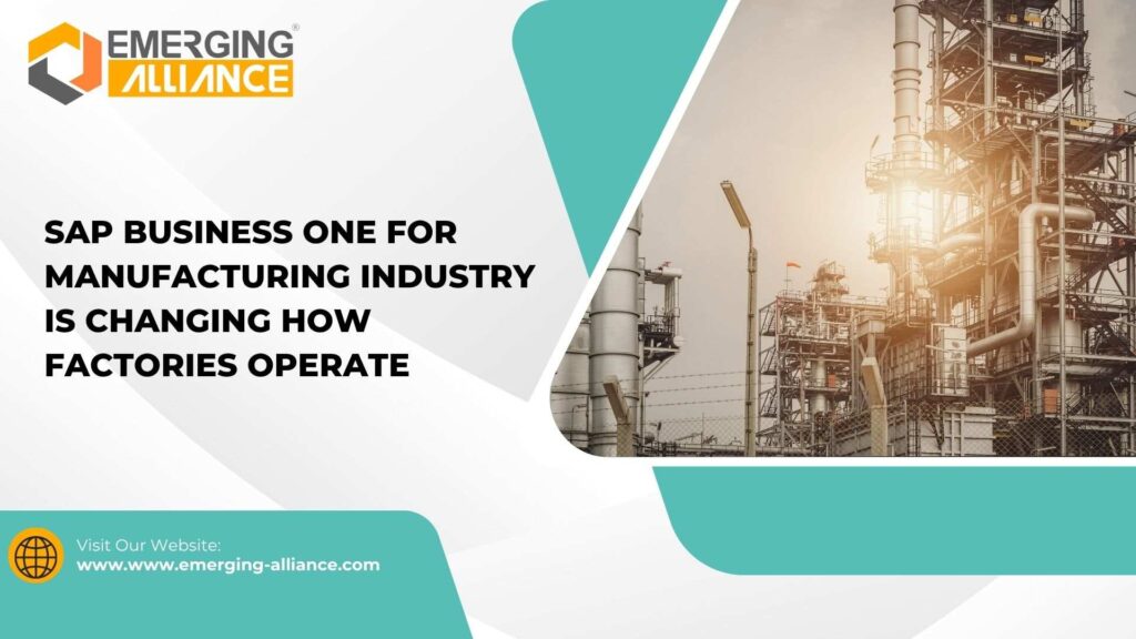 A manufacturing manager using a digital dashboard in a smart factory to track production and inventory levels in real-time with SAP Business One