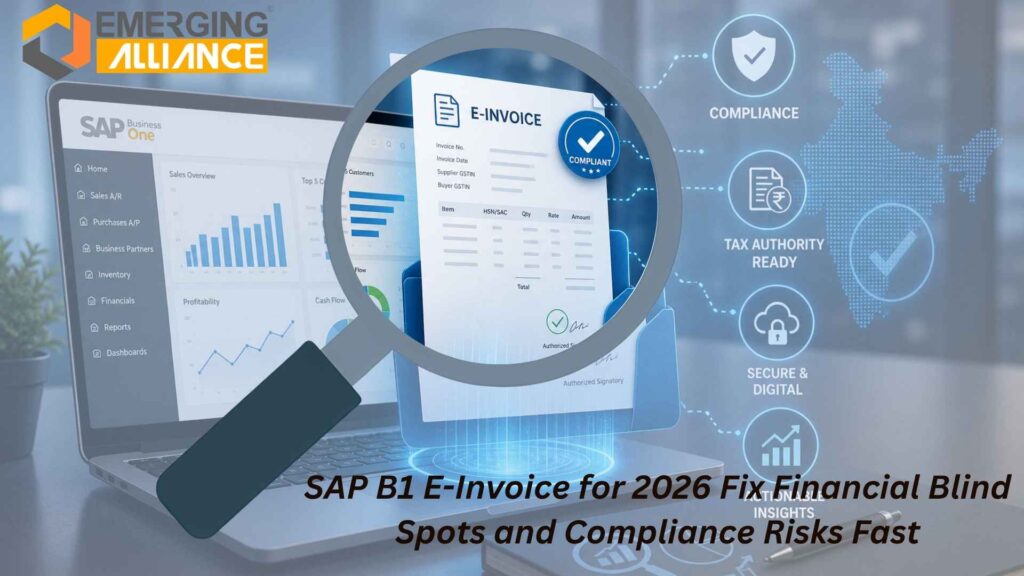 SAP B1 E-Invoice dashboard showing IRP integration, GST compliance automation, and real-time invoice tracking