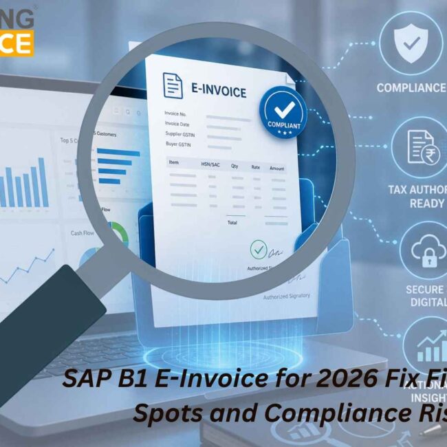 SAP B1 E-Invoice dashboard showing IRP integration, GST compliance automation, and real-time invoice tracking