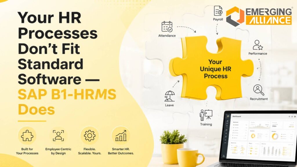 SAP B1 HRMS dashboard showing payroll automation, HR workflows, and enterprise employee management integration.