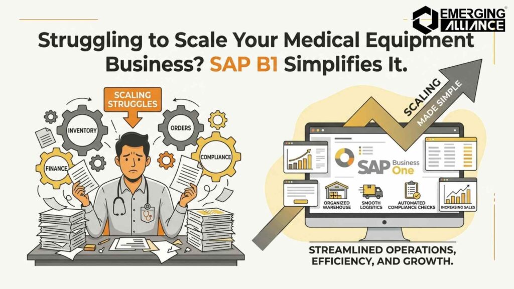 SAP Business One dashboard managing medical equipment inventory, service workflows, and healthcare ERP operations