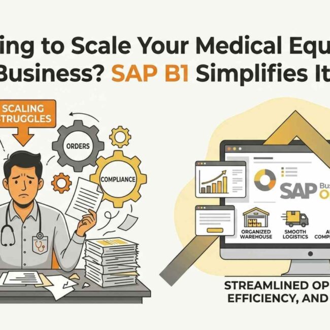 SAP Business One dashboard managing medical equipment inventory, service workflows, and healthcare ERP operations