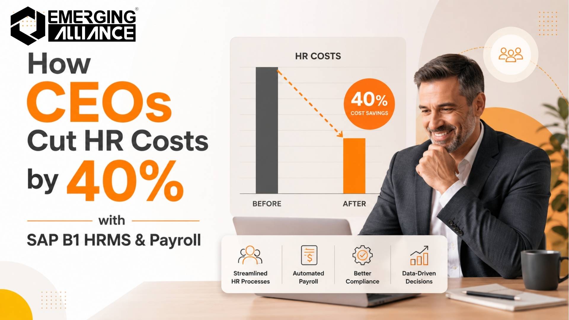 CEO reviewing workforce analytics and payroll automation dashboard powered by SAP B1 HRMS and Payroll