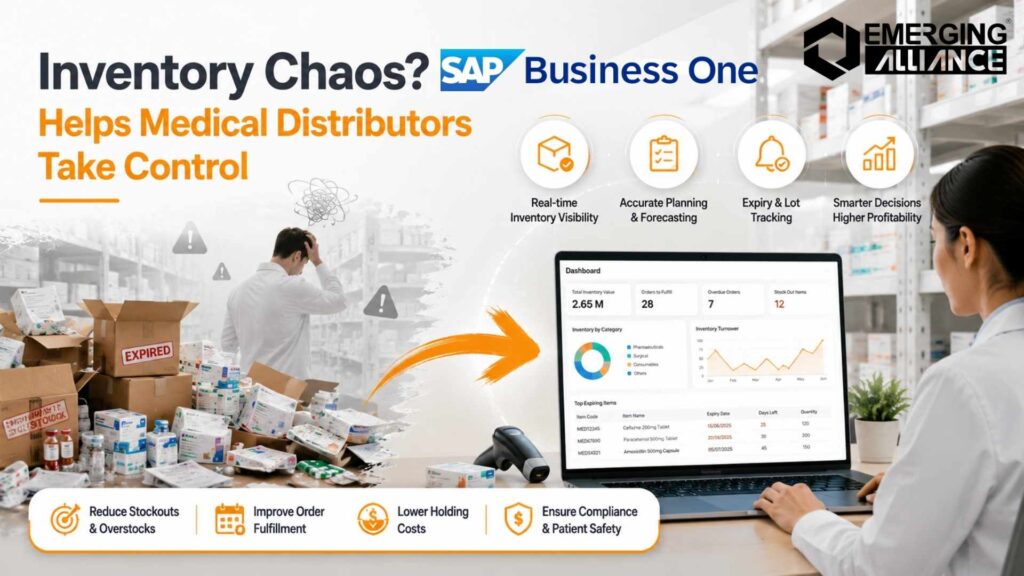SAP Business One dashboard helping medical equipment distributors manage inventory, compliance, procurement, and distribution operations