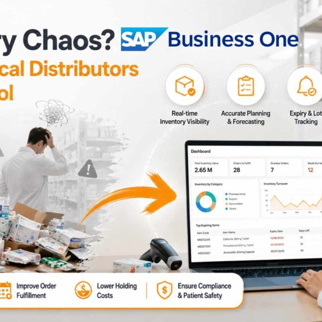 SAP Business One dashboard helping medical equipment distributors manage inventory, compliance, procurement, and distribution operations