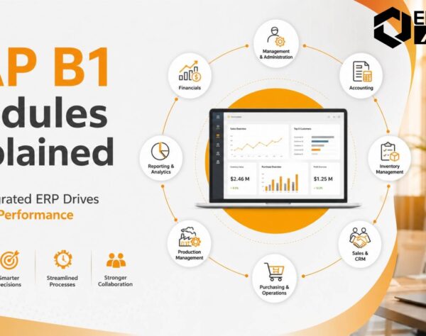 SAP B1 Modules connecting finance, inventory, manufacturing, sales, and operations to improve business performance and visibility