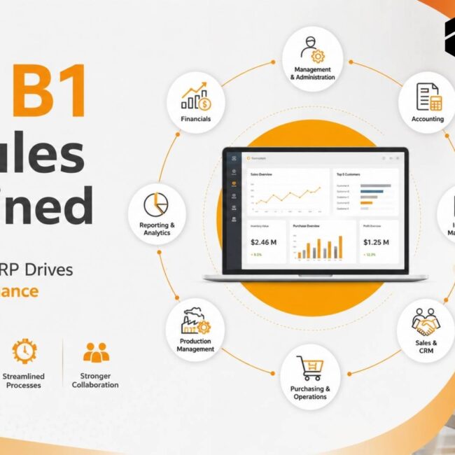 SAP B1 Modules connecting finance, inventory, manufacturing, sales, and operations to improve business performance and visibility