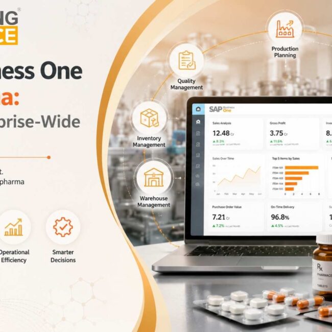 SAP Business One for pharma providing real-time visibility across manufacturing, distribution, inventory, quality, and compliance operations