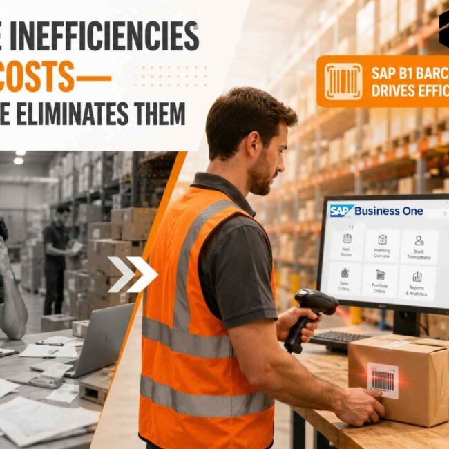 SAP Business One barcode solution enabling real-time inventory tracking, warehouse automation, and mobile barcode scanning operations.