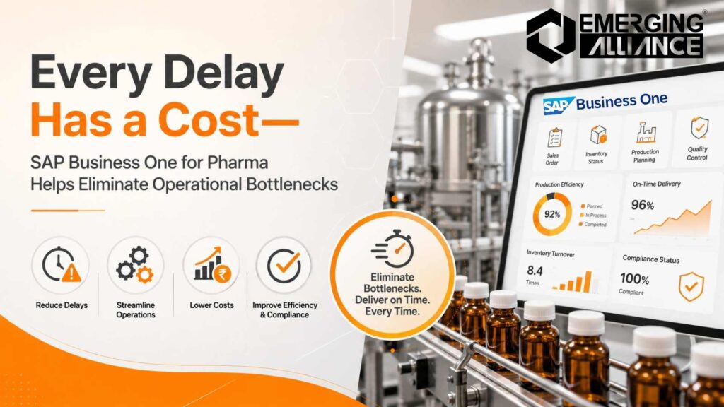 SAP Business One Pharma improving manufacturing, inventory, batch tracking, compliance, and supply chain visibility.
