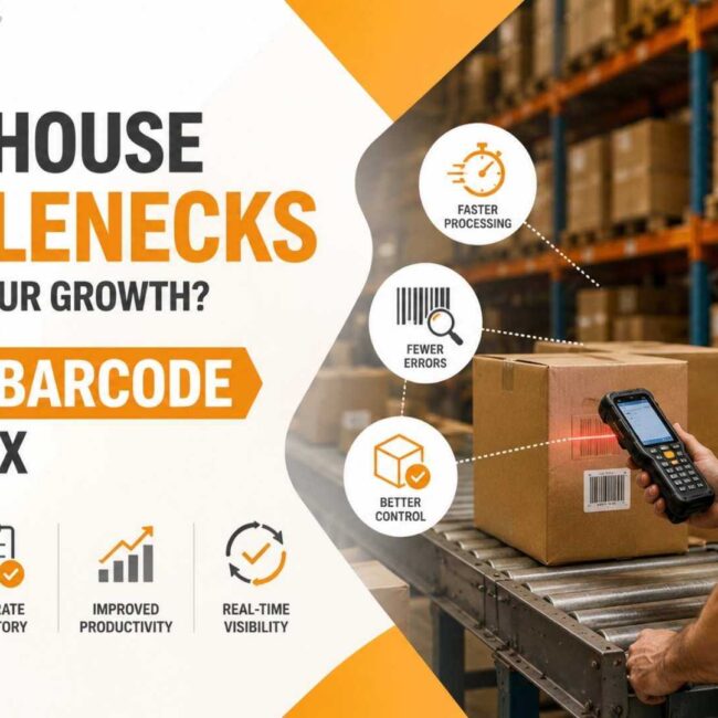 Warehouse worker using SAP B1 barcode scanning to eliminate warehouse bottlenecks and improve inventory accuracy, productivity, and business growth.