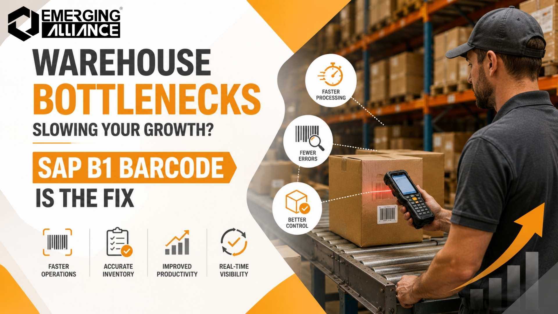 Warehouse worker using SAP B1 barcode scanning to eliminate warehouse bottlenecks and improve inventory accuracy, productivity, and business growth.