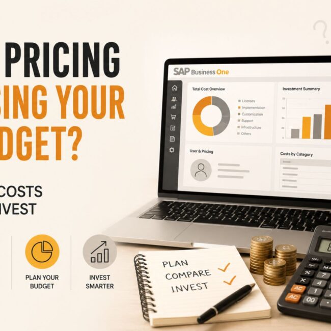 Business executives evaluating SAP B1 Pricing, licensing, implementation costs, and ERP budget planning for digital transformation.