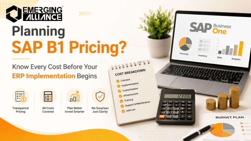 SAP Business One pricing guide illustrating license costs, implementation expenses, cloud deployment, and ERP investment planning for enterprises.
