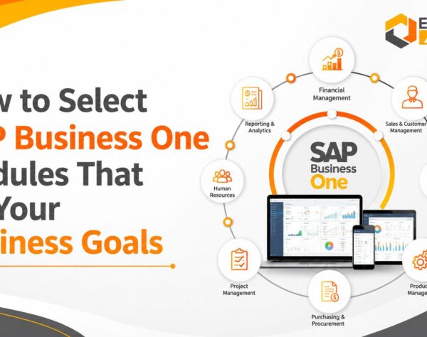 SAP Business One modules mapped to business goals for finance, sales, inventory, purchasing, and operations