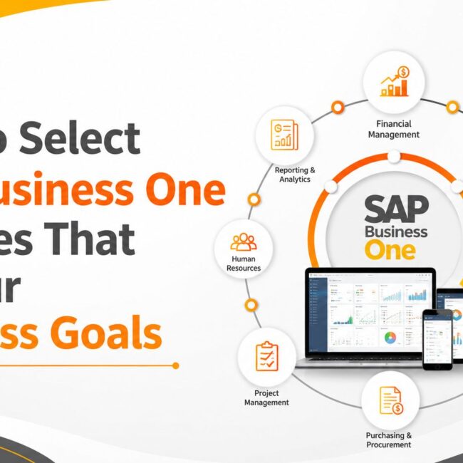 SAP Business One modules mapped to business goals for finance, sales, inventory, purchasing, and operations