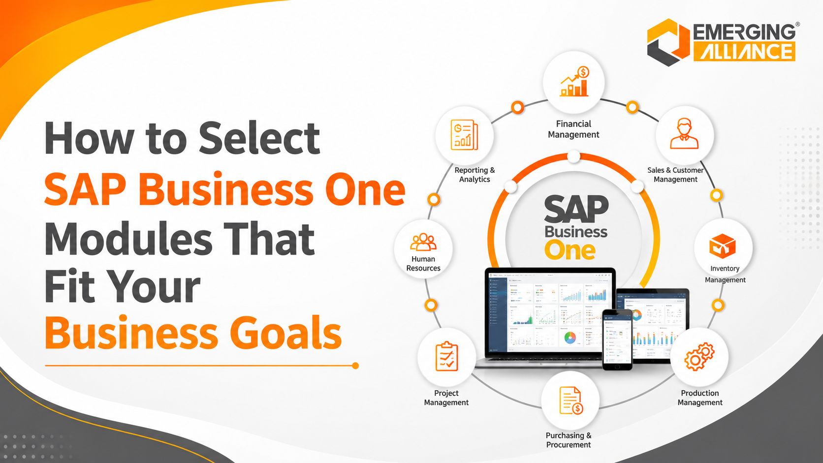 SAP Business One modules mapped to business goals for finance, sales, inventory, purchasing, and operations