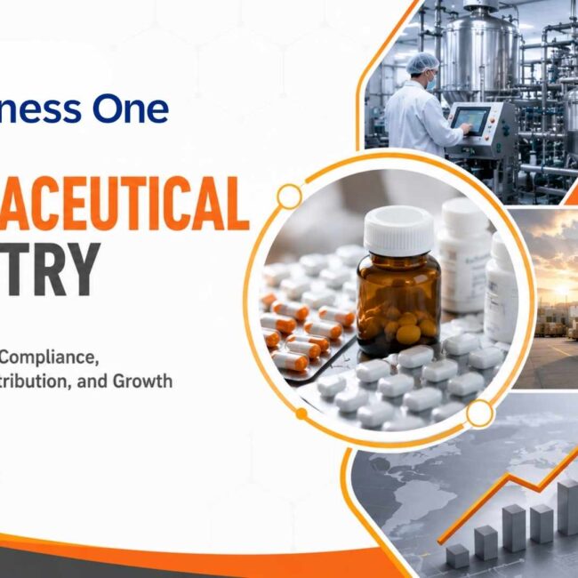 SAP Business One dashboard for pharma distribution and manufacturing showing supply chain visibility, inventory management, and compliance tracking.