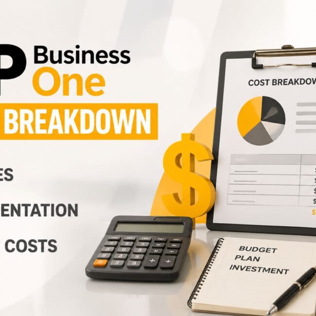 SAP Business One Pricing Breakdown showing ERP licenses, implementation costs, hidden expenses, and total cost of ownership for business planning