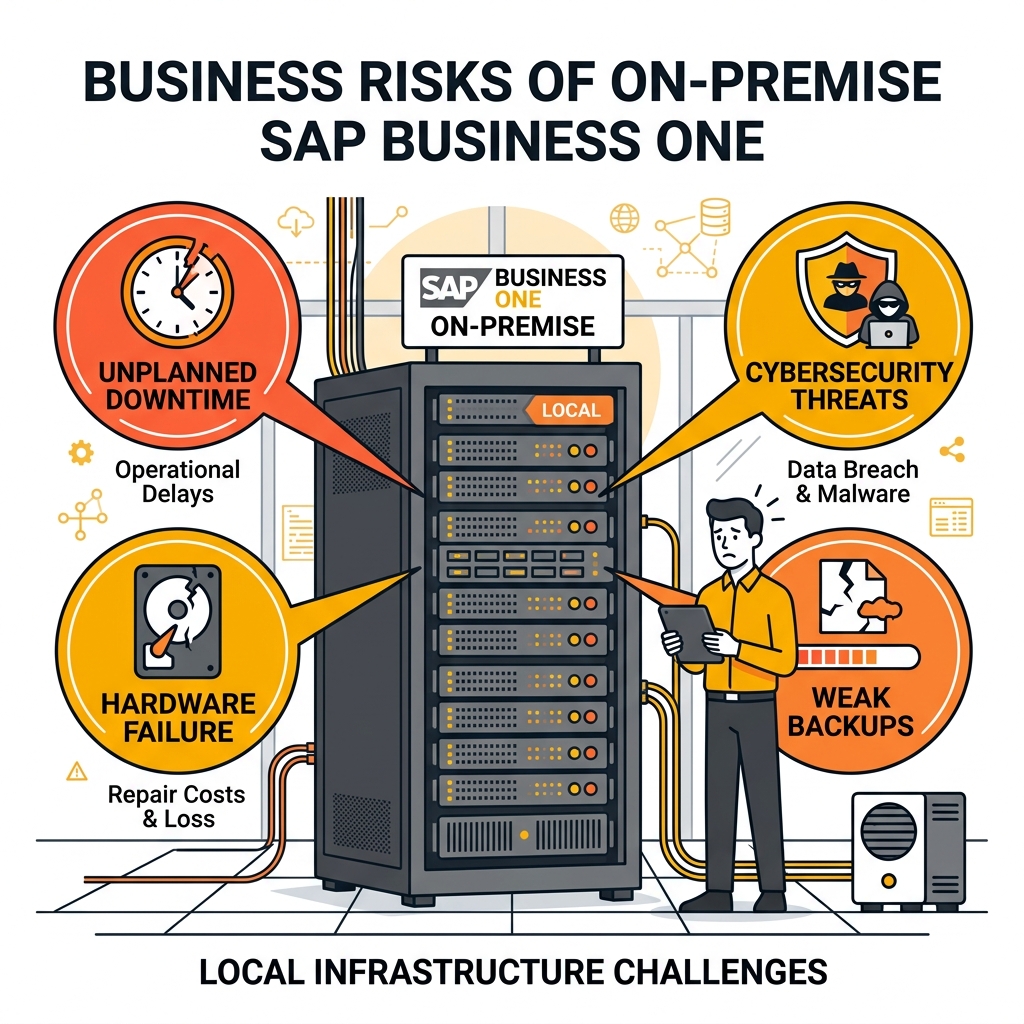 Visual illustration of business risks associated with staying on on-premise SAP Business One, highlighting database, hardware, and security failure points.