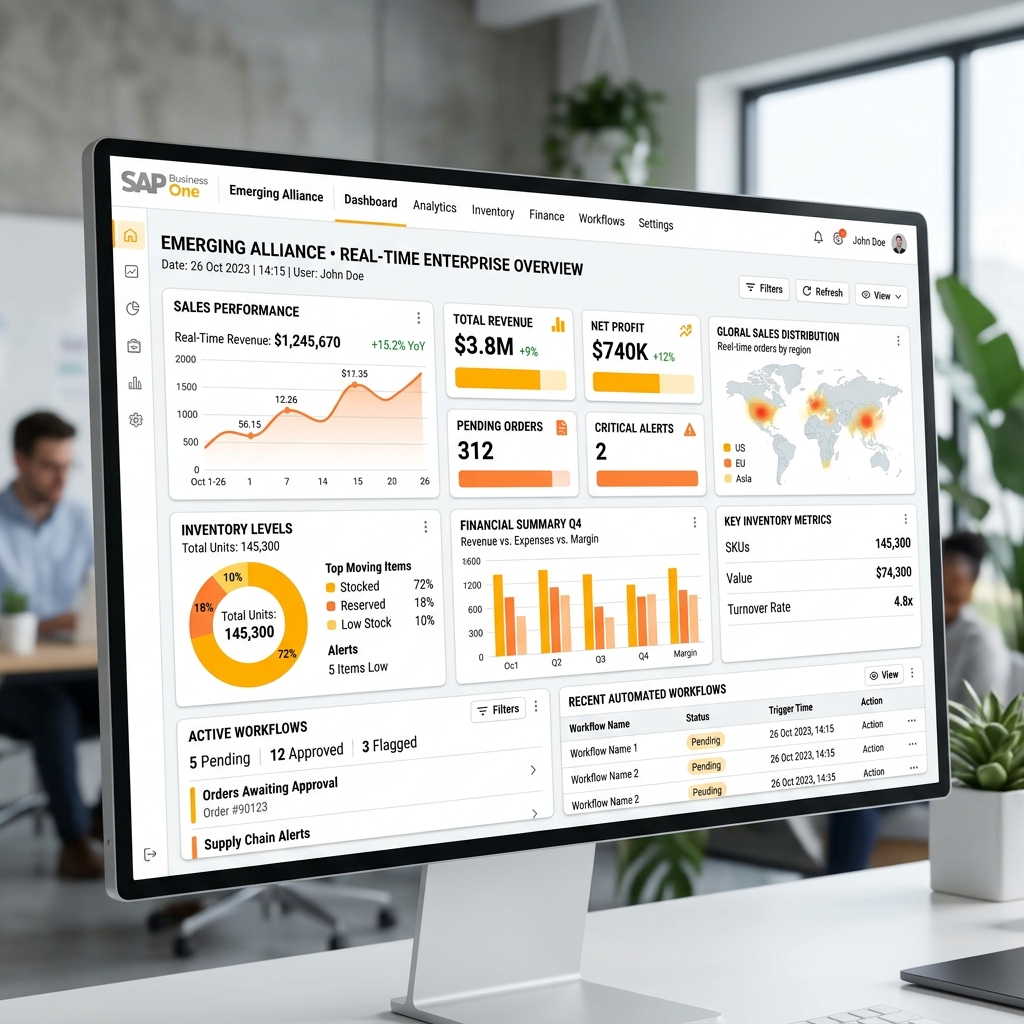 A modern business dashboard displaying real-time analytics, inventory management, financial control, and process automation inside SAP Business One.